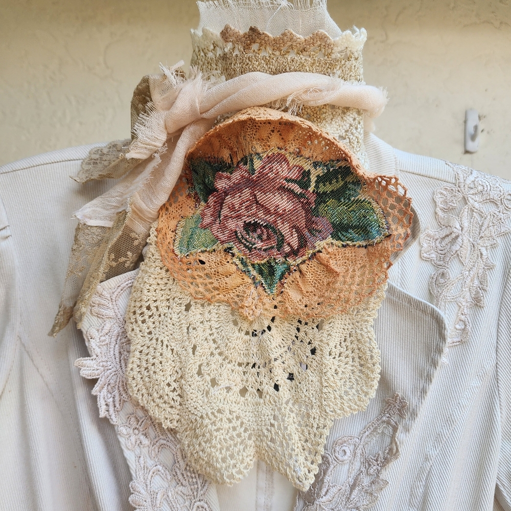 Antique Lace Jabot Designer Bow Tie Upcycled Cotton Flower RoseVintage